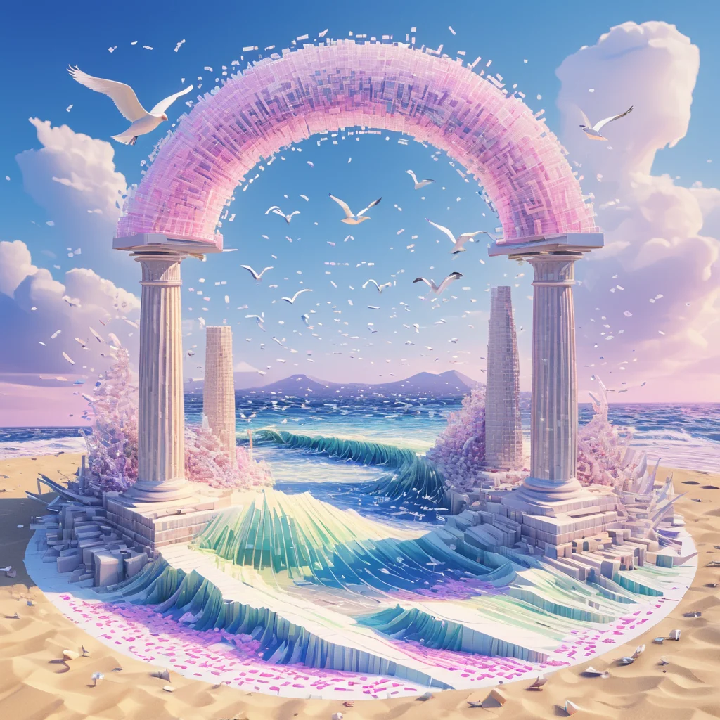 A surreal beach scene where the sand is made of tiny floppy disks and the water is a sea of flowing binary code. Low-poly seagulls circle a Greek column emerging from the waves.  <lora:add-detail-xl:1.2>, <lora:Vaporwave_SDXL:1> ArsMJStyle , vaporwave,
