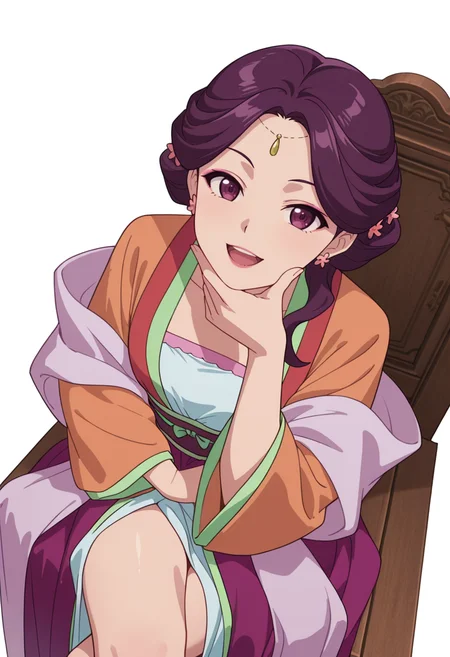 Smooth Quality,masterpiece,very intricate, high quality details, ultra realistic, high detailed skin,detailed enviorement,absurdres,
partially undressed,
<lora:Yinghua_CNR:0.8> yinghuacnr, purple hair, purple eyes, yinghua_orange_cnr, hanfu, japanese clothes,long sleeves, sash, shawl,earrings,hair ornament, makeup, lipstick,, simple background, white background, from above,
sitting pose, legs crossed, one hand resting on chin, playful smile, relaxed shoulders, ,open mouth,