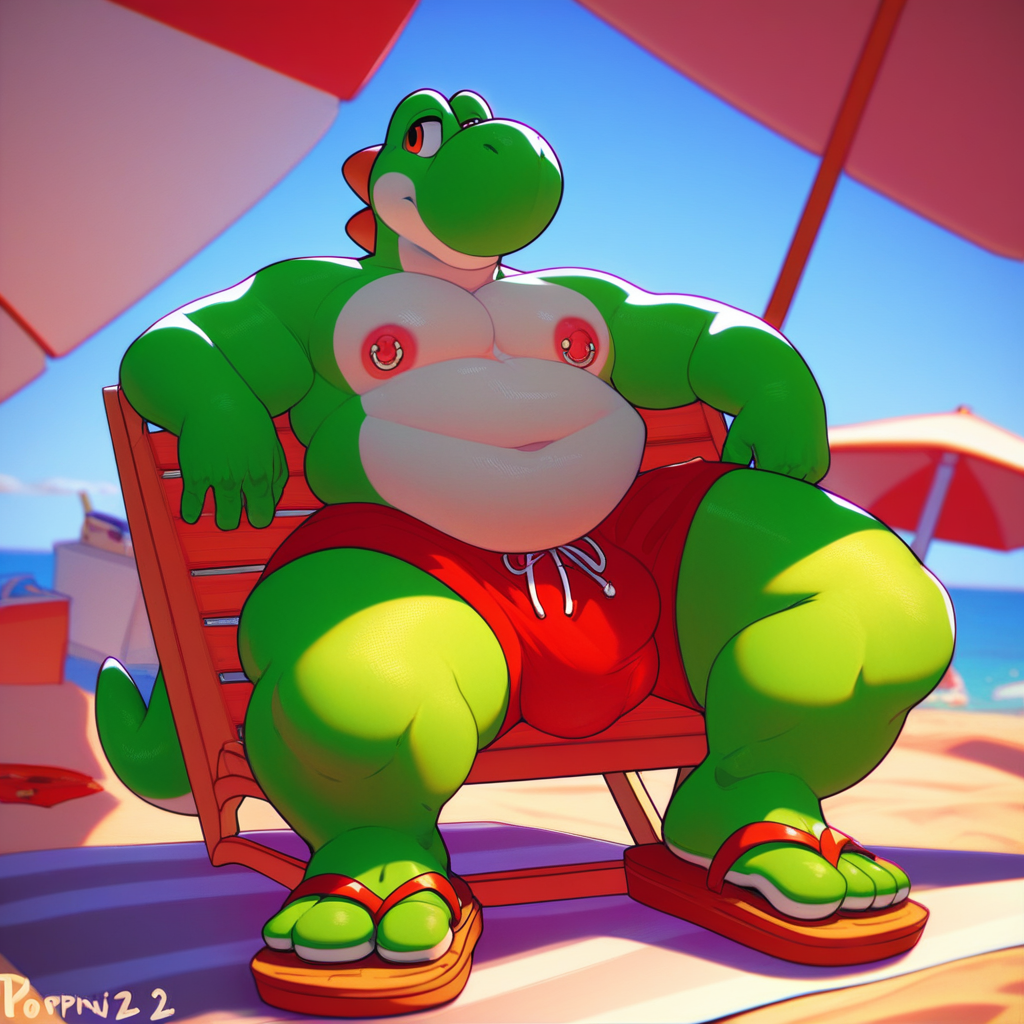 score_9, score_8_up, score_7_up, 2k, 4k, high res, 2d (artwork), Poppin, 1boy, solo, green skin, orange eyes, looking to the side, Yoshi, tail, furry, anthro, smiling, red swim trunks, topless, male swimwear, large hips, overweight male, beach sandals, fat, wide hips, large pectorals, nipple piercings, bottom heavy, thick thighs, massive bulge, beach background, sitting, sitting on beach chair, sitting under sun umbrella, side pov