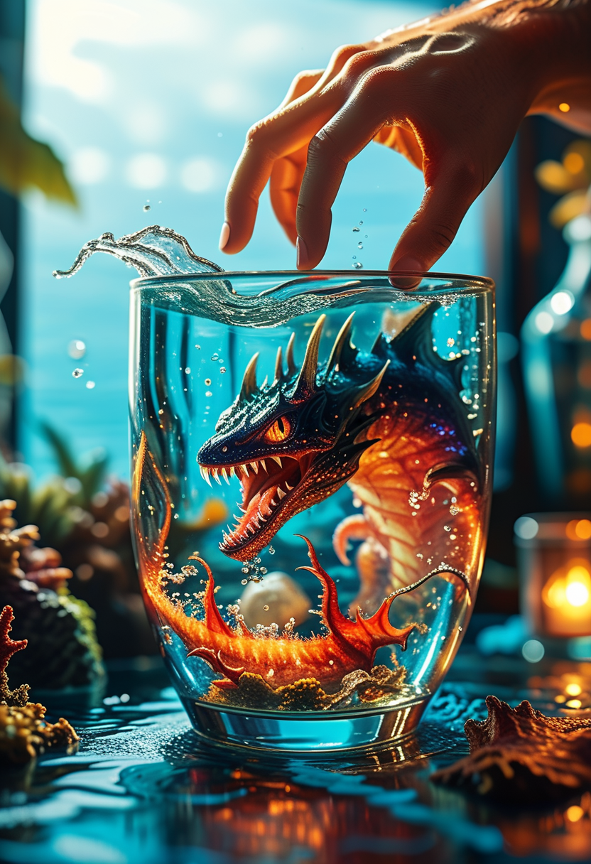 hand holding glass cup, sea monster inside a glass of water, trying to bite hand, warm glow, vibrant colours, bar, indoors,
 <lora:glowneon_xl_v1:0.7> <lora:MJ52:0.7> <lora:add-detail-xl:2>  BREAK
giant human hand, grabbing motion, BREAK
sea monster trying to escape, dark waters, coral reef, deep sea, fishes, enraged, biting, mythical creature (inside glass cup:1.1),