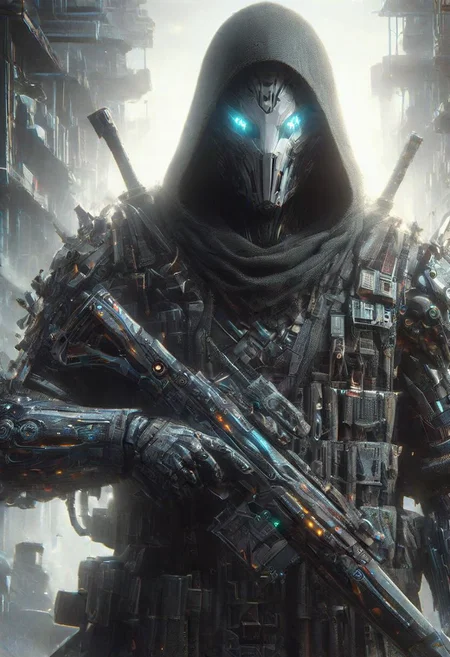 (((Ultra-detailed, Hyper-realistic, 8k, highres, masterpiece))),(full length highly detailed intricate cyborg demonic-skeletal) (tattered cloak),((highly detailed tech body,decaying parts, Intricate exposed wiring, exposed wires,exposed circuitry,electric glow)),((highly detailed cyber-skeletal head,signs of decay,exposed wiring, exposed wires,exposed circuitry,electric glowing eyes)),in a highly detailed Labratory background with Test tubes,holographic screens,covered in pulsing electricity,cyber setting,cinematic,realistic,science fiction,dark colours,background light,e,<lora:XL_Weapon_Sword_-_By_HailoKnight_2:0.8>,Wielding sword,<lora:add-detail-xl:1>,<lora:ArmorSuit_v01:0.8>, armorsuit,