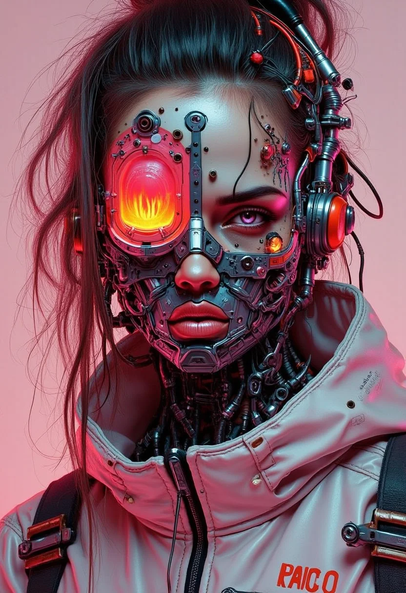 yfg-f@ce, Mechanical parts, wires, cables, cyberpunk, closeup portrait of a angry woman with a half robot face, pastel red/white colored, closeup photo of an wired-cyborg assassin with half robot face wearing a motorcycle jacket, solo, simple background, woman, high collar parka, upper body, female focus, long hair in wind, burning hair, clothes writing, candy eyes.