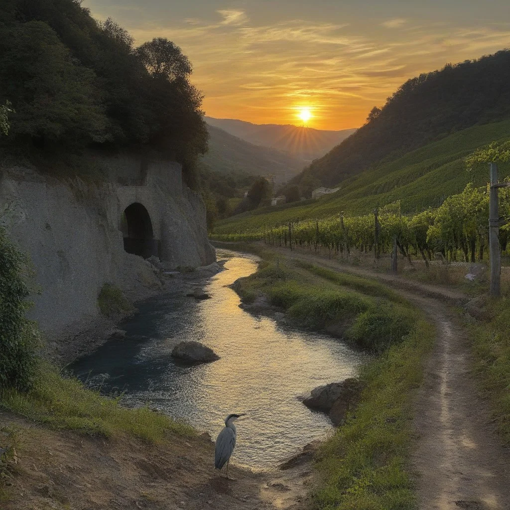 Claude Lorrain (golden hour), Vineyard on steep slate slopes, fox tracks in mud, clapper bridge over stream,grey heron stalking.,Art painting by Gustav Klimt and Takashi Murakami and Kay Sage, ,,
artstation trending, macro lens, volumetric light,
<lora:Illustration_Insanity:0.3>,
<lora:dreamshaperXL10_lora:0.7>,
<lora:extremely_detailed:0.3> extremely detailed,
<lora:DetailMaximizer:0.3>,, Surrealism art style, dreamlike and irrational imagery, explores the unconscious mind, juxtaposition of unlikely elements, challenges reality and logic