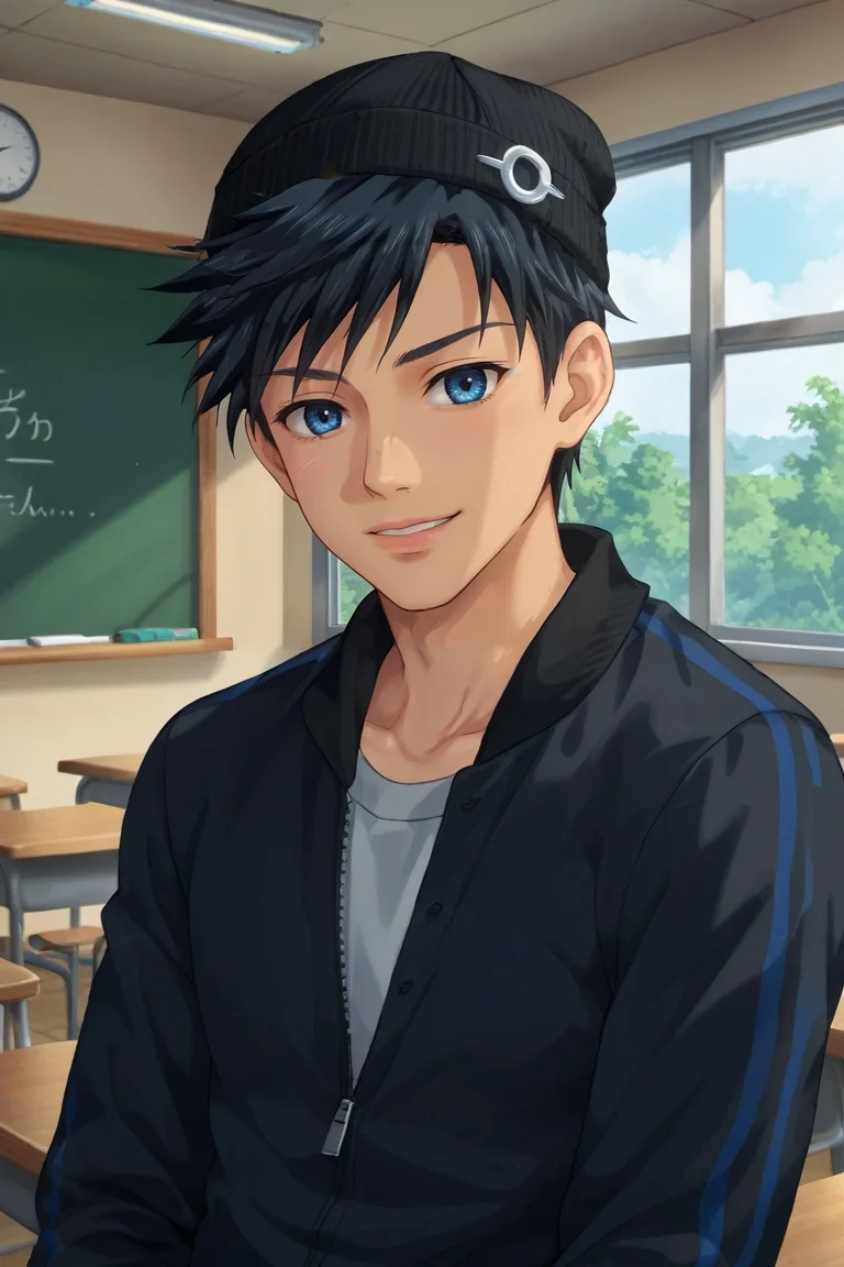 score_9, score_8_up, score_7_up, source_anime, rating_safe, intricate details, anime screencap, anime coloring, official style, , , 1boy, solo, male focus, <lora:natsumi_hamasaki_pony:0.98>, natsumi_hamasaki, black hair, blue eyes, short hair, , close-up, classroom, midnight, w arms, laughing, bomber jacket, snapback, <lora:sdxl_lightning_8step_lora:1>