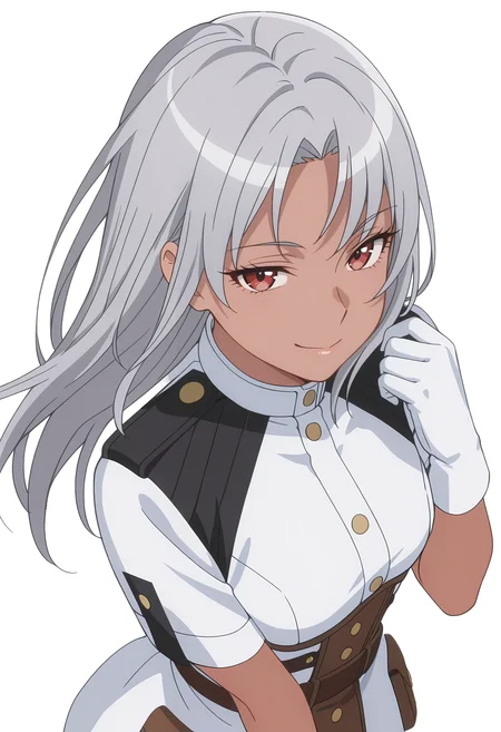 Smooth Quality,masterpiece, ultra realistic,
simple background, white background, 
from above,seductive smile,wind, 
 <lora:AquaErisCnn:0.8>Aqua/Cnn, Sist/Cnn, long hair, 1girl, red eyes, dark-skinned female, uniform, grey hair, gloves,