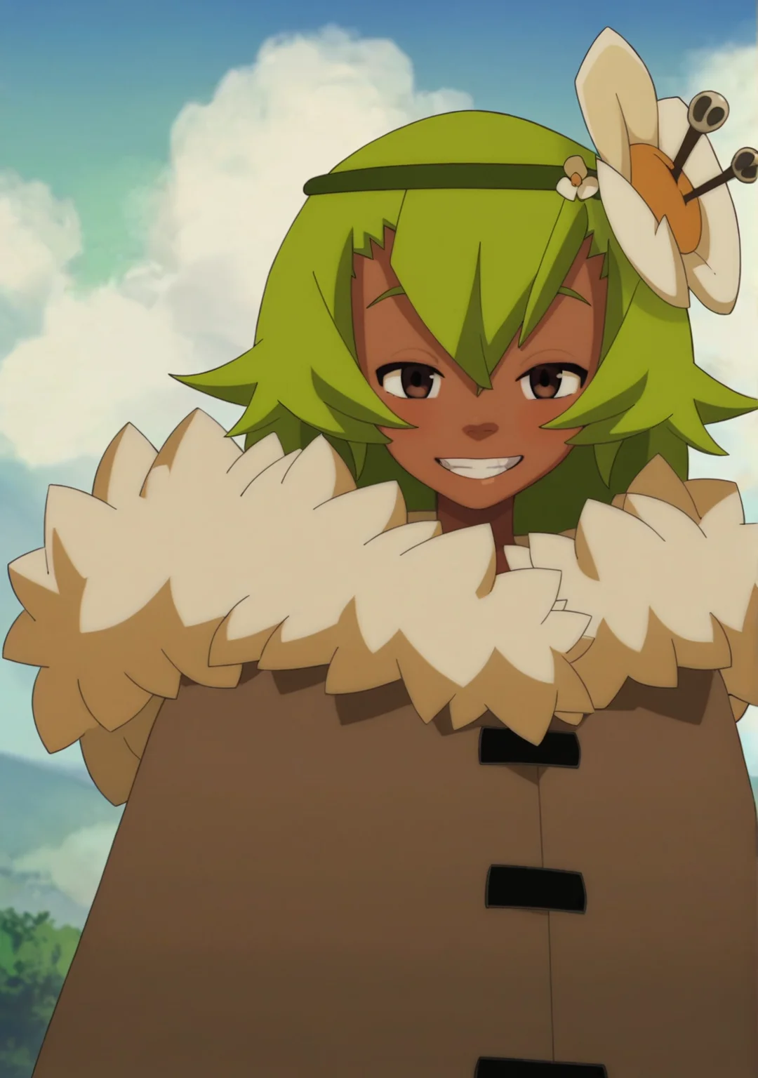 score_8_up, score_7_up, anime screenshot, looking at viewer, clouds
<lora:Amalia (Autism SDXL)-000005:0.8> 1girl, amalia sheran sharm, green hair, green hairband, hair ornament, hair flower, dark skin, brown eyes, fur-trimmed jacket,
looking at viewer, grin, half-closed eyes, cowboy shot,