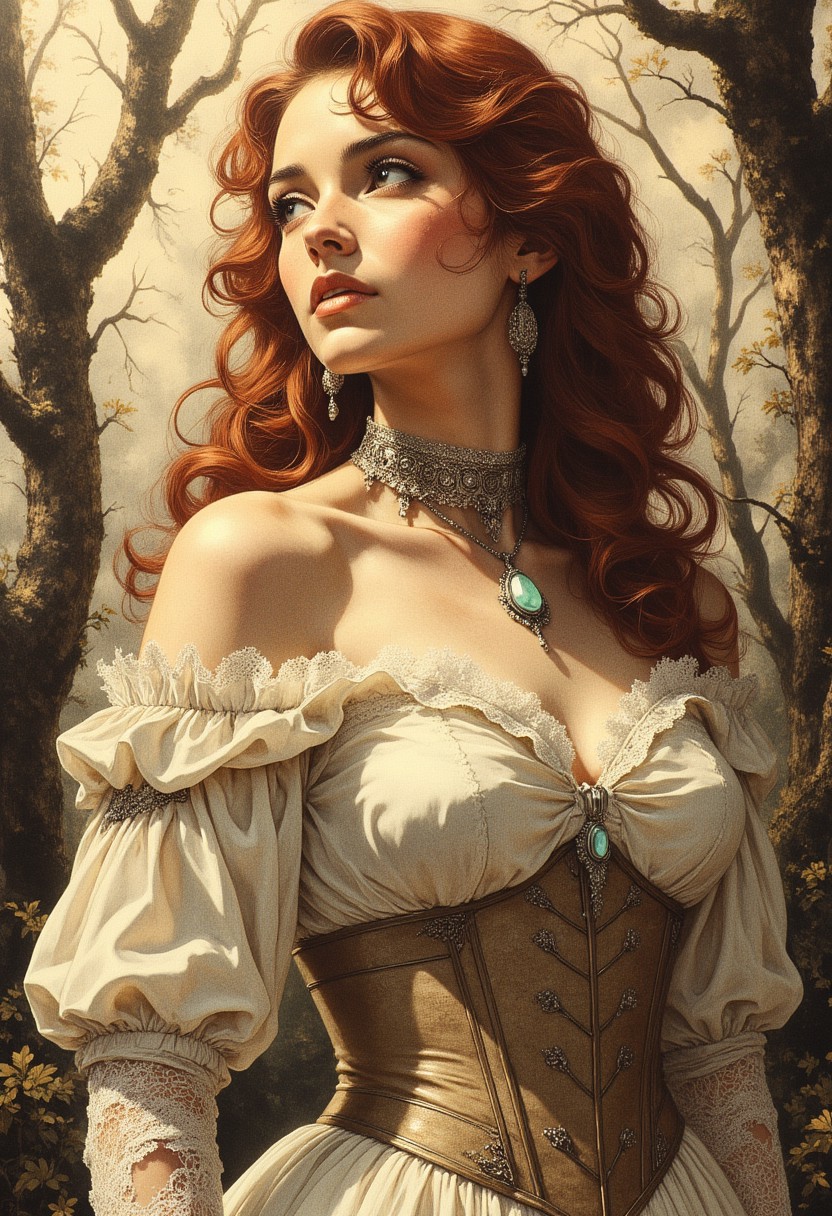 A striking waist-up portrait of a woman with voluminous auburn curls framing her face, her green eyes holding an enigmatic expression as she gazes off to the side. Soft golden light catches the natural highlights in her hair, enhancing its fiery tones.
She wears an elegant off-the-shoulder white gown, its delicate fabric draped gracefully, with sleeves loosely cinched at her upper arms. A sheer lace corset wraps around her waist, and intricate lace gloves extend to her mid-forearm. Around her neck, a Victorian-inspired lace choker with a pale blue gemstone pendant catches the ambient light, with a single silver chain draping down her chest.
The background is a mist-laden forest, soft silhouettes of trees fading into the haze. Light filtering through the trees creates a quiet, ethereal atmosphere. The sepia tones of the mist contrast against her vivid hair and the cool ivory of her gown, emphasizing her striking presence.