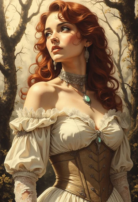 A striking waist-up portrait of a woman with voluminous auburn curls framing her face, her green eyes holding an enigmatic expression as she gazes off to the side. Soft golden light catches the natural highlights in her hair, enhancing its fiery tones.
She wears an elegant off-the-shoulder white gown, its delicate fabric draped gracefully, with sleeves loosely cinched at her upper arms. A sheer lace corset wraps around her waist, and intricate lace gloves extend to her mid-forearm. Around her neck, a Victorian-inspired lace choker with a pale blue gemstone pendant catches the ambient light, with a single silver chain draping down her chest.
The background is a mist-laden forest, soft silhouettes of trees fading into the haze. Light filtering through the trees creates a quiet, ethereal atmosphere. The sepia tones of the mist contrast against her vivid hair and the cool ivory of her gown, emphasizing her striking presence.