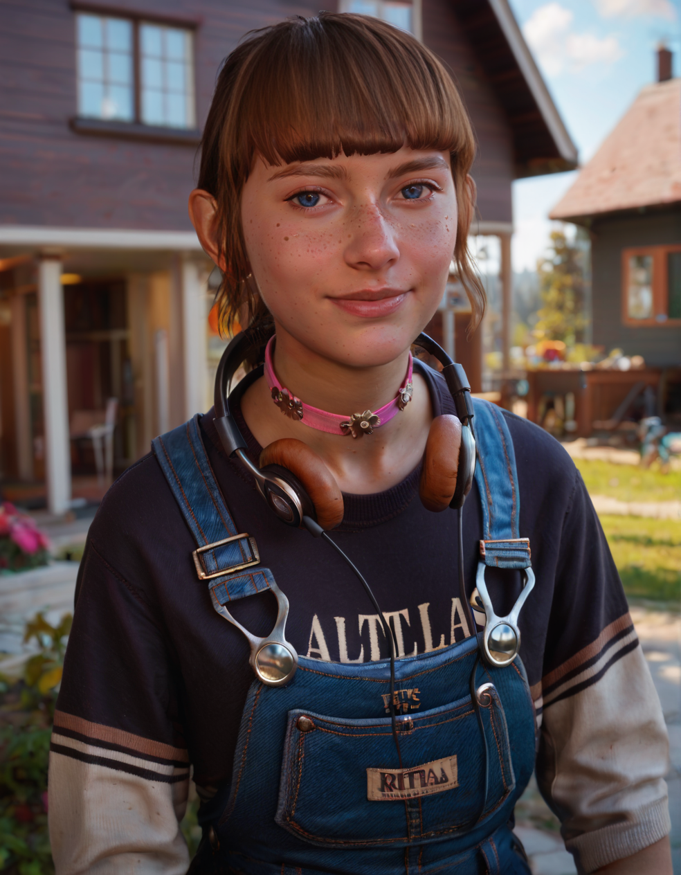 CyberRealisticPony_POSV1, <lora:kat_v1.7-000013:0.8>, 1girl, young, k4tgirl, pale skin, dark blue eyes, brown hair, short ponytail, sidelocks, blunt bangs, freckles, pink choker, headphones around neck, blue overalls, shirt, looking at viewer, outside, house, depth of field, <lora:StS_PonyXL_Detail_Slider_v1.4_iteration_3:3>