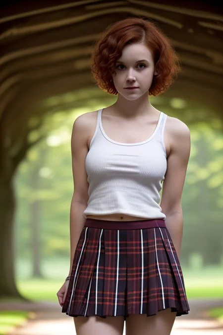 young woman with short curly red hair. dressed in a short tartan skirt and a white cotton tank top. standing in a dark wood library