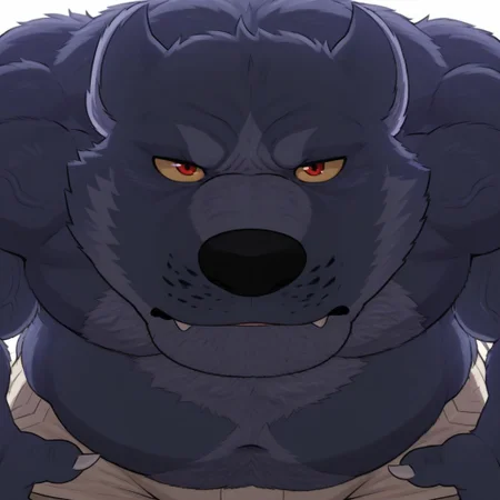 masterpiece, best quality, amazing quality,
1boy, solo, Anthro,BowersK,werewolf,two toned body, dark grey fur,,yellow sclera,red eyes,light grey fur,chest tuft,fluffy,bara,muscle gut,tall male, huge, veins,plump, furry male,tan shorts,white background, from above, face focus, close-up,