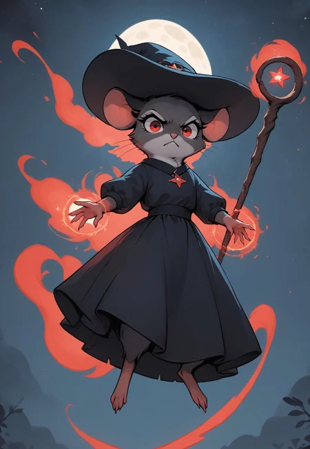 score_9, score_8_up, score_7_up, score_6_up, score_5_up, score_4_up, m0use_goldie, multicolored, glowing, (cute), (feral:1.5), red eyes, (grey fur, black ears), (black dress), (witch hat:1.3), (magic staff, magic spell:1.3), look at viewer, (action pose:1.2), (dark, night, stars, moon, night sky:1.2), (annoyed expression), (low angle view), (floating, flying, levitating), (dark aura:1.5)