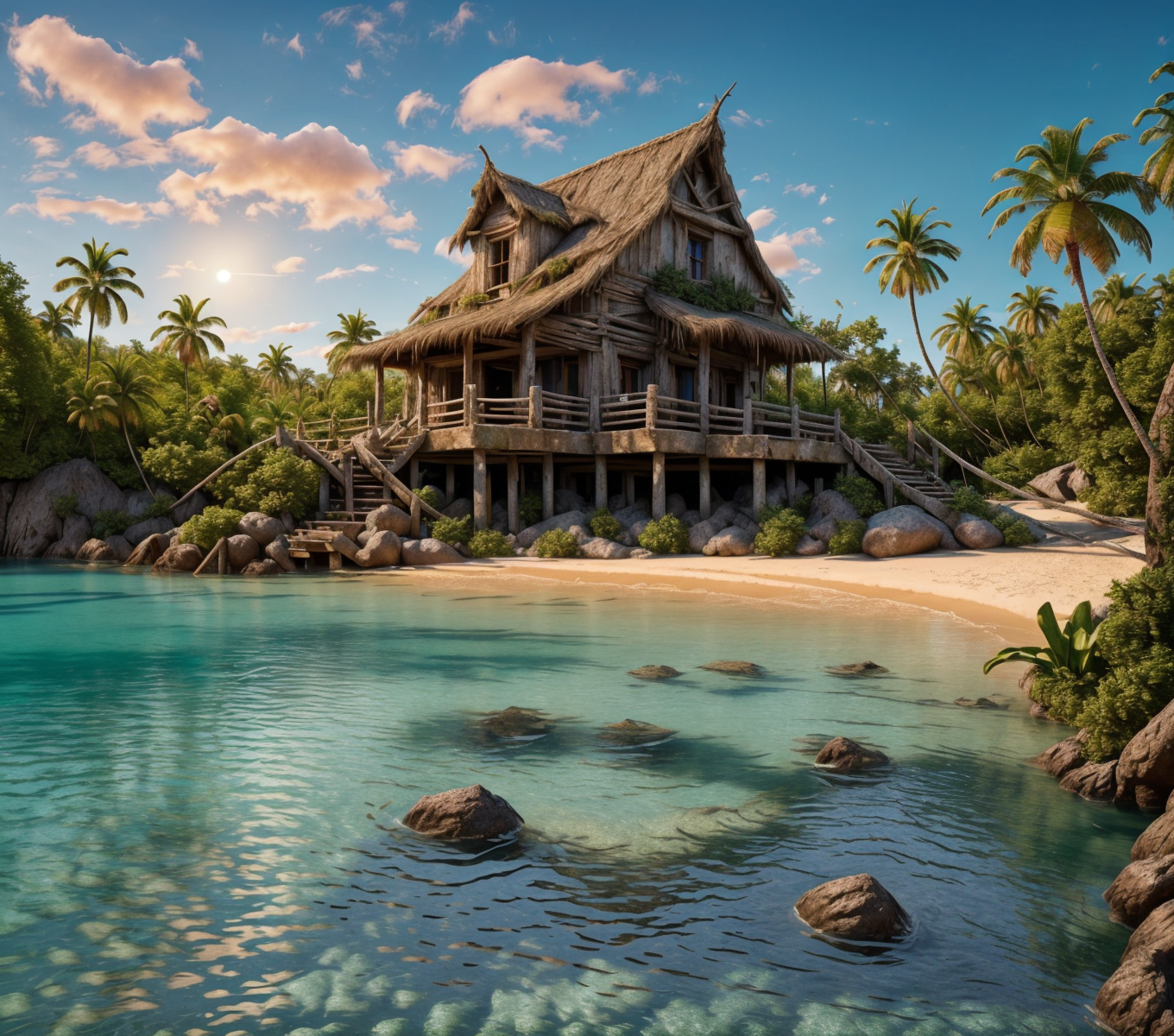 RAW photo, (masterpiece:1.3), subsurface scattering, heavy shadow, (high quality:1.4), (intricate, high detail:1.2), professional photography, HDR, High Dynamic Range, realistic, ultra realistic, photorealistic, high resolution, film photography, ambient lighting, atmospheric effects, <lora:detail_slider_v4:2>, OverallDetail,  <lora:Beach:1>, beach, blue sky, cloud, house, island, rocks, nature, ocean, outdoors, plant, scenery, sky, sun,