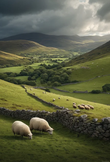 Rolling Hills of the Scottish Highlands
Rolling green hills of the Scottish Highlands, dotted with ancient stone walls and grazing sheep, under a sky filled with dramatic clouds. Merge the hyperrealistic landscapes of Dan Witz, the detailed stone textures of Adolfo Fernandez Rodriguez, and the atmospheric lighting of Boris Vallejo.