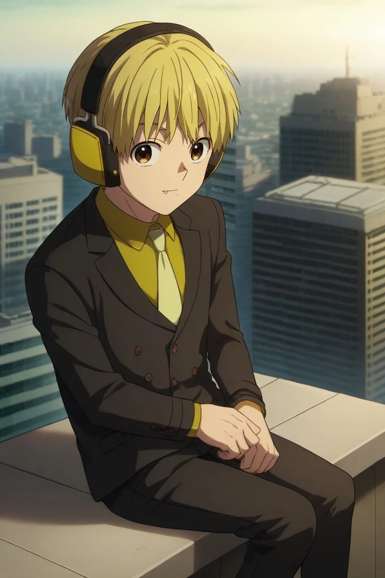 score_9, score_8_up, score_7_up, source_anime, rating_safe, intricate details, (realistic:0.6), looking at viewer, depth of field, 1boy, solo, male focus, <lora:nobimaru_kemono_jihen_pony:0.86>, nobimaru_kemono_jihen, blonde hair, brown eyes, short hair, , headphones, formal, suit, yellow necktie, straight-on, rooftop, tokyo \(city\), building, skyscraper, indoors, sitting, skin fang, superman costume, <lora:sdxl_lightning_8step_lora:1>