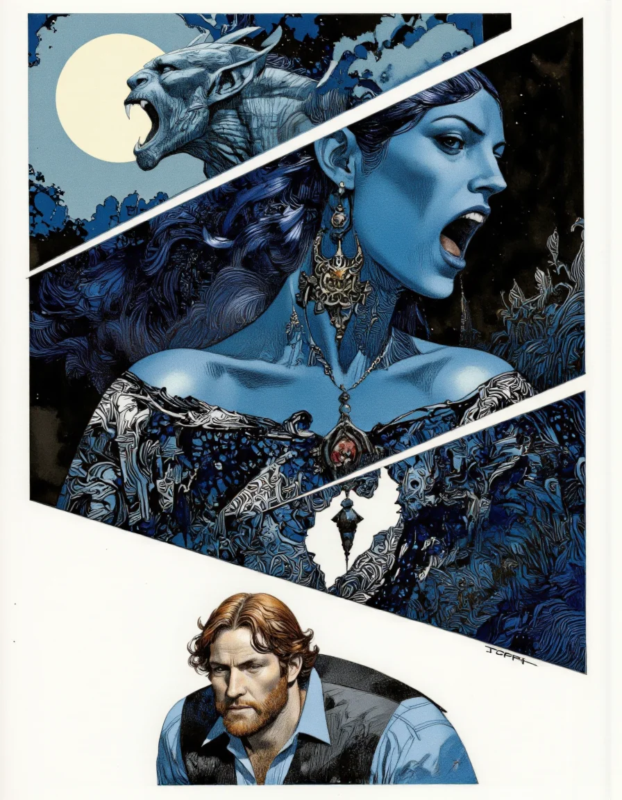Art by Sergio Toppi. A high quality digital drawing in a comic book style with a dark fantasy theme. The image has three distinct sections. The top section shows a muscular blue-skinned creature with pointed ears and fangs, roaring under a full moon. The middle section shows a blue-skinned woman with long black hair and a gothic dress with intricate patterns, wearing a large dark pendant. The bottom section shows a sturdy, bearded man with shoulder-length hair, wearing a blue shirt and black vest. The composition uses the rule of thirds and dramatic lighting, reinforcing the mystical and eerie atmosphere. The artist's signature, "Toppi", is visible.