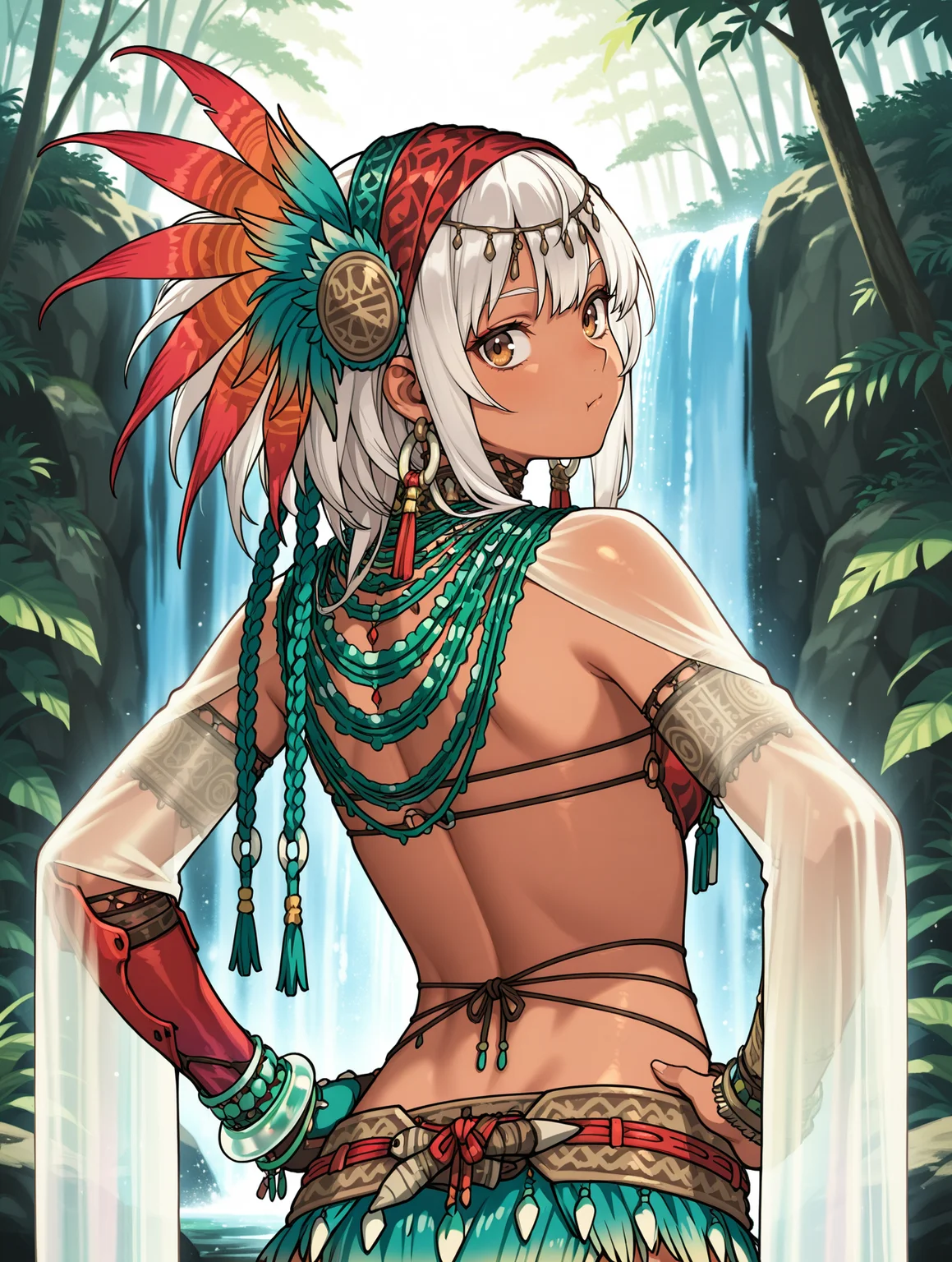 uth duna female armor,1girl,orange feather headdress,green loincloth,orange halterneck,orange asymmetrical gloves,see-through long sleeves,tribal earrings,waterfall,upper body,:t,white hair,brown eyes,solo,nature,looking at viewer,hands on own hips,head tilt,looking back,from behind,
masterpiece,best quality,amazing quality,very aesthetic,absurdres,newest,<lora:Uth Duna Armor illuXL v1.4:0.77>,<lora:wai-2Rectified-V140:0.7>,