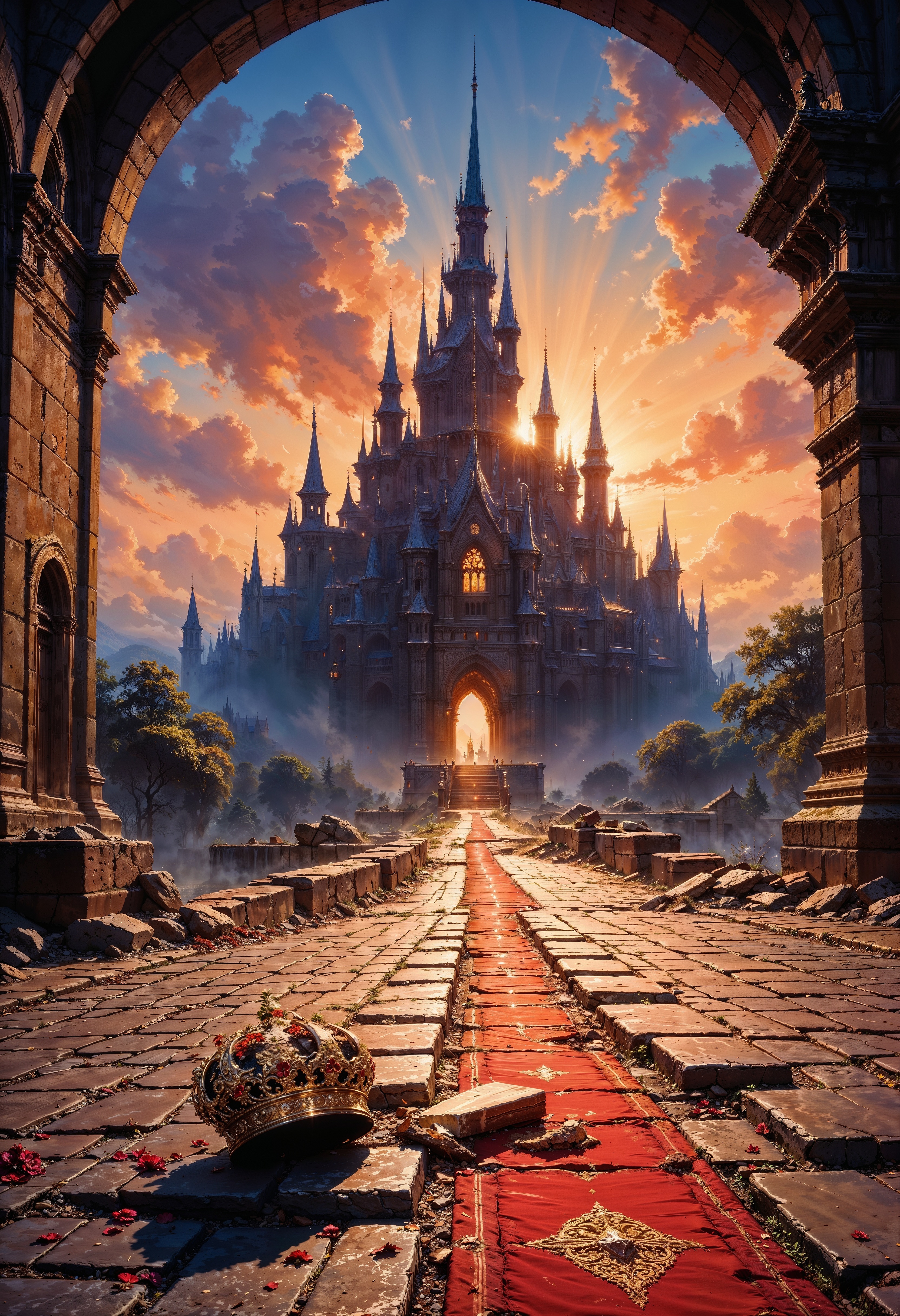 Depict a fantastical cover art in the style of classic Dungeons and Dragons books, featuring a broken, ornate golden crown lying shattered on the cobblestone pavement, set against the majestic backdrop of a sprawling royal palace with towering spires and grand architecture, its stone walls bathed in the warm, vibrant hues of a breathtaking sunset, with hues of orange, pink, and purple bleeding into a soft blue sky, as a long, serpentine trail of disturbed earth and scattered rose petals leads up to the palace gates, evoking a sense of turmoil and upheaval, while the atmosphere remains mystical and dreamlike, with subtle, intricate details and ornate typography that hints at ancient mysteries and forgotten lore.