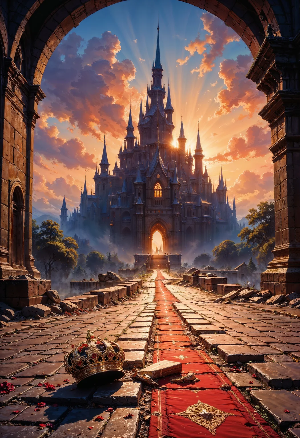 Depict a fantastical cover art in the style of classic Dungeons and Dragons books, featuring a broken, ornate golden crown lying shattered on the cobblestone pavement, set against the majestic backdrop of a sprawling royal palace with towering spires and grand architecture, its stone walls bathed in the warm, vibrant hues of a breathtaking sunset, with hues of orange, pink, and purple bleeding into a soft blue sky, as a long, serpentine trail of disturbed earth and scattered rose petals leads up to the palace gates, evoking a sense of turmoil and upheaval, while the atmosphere remains mystical and dreamlike, with subtle, intricate details and ornate typography that hints at ancient mysteries and forgotten lore.