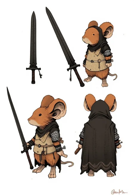 CharacterDesignFLUX, Storybook illustration style with fine line work, muted earthy tones, detailed textures, stylized characters, and soft atmospheric shading, reference sheet,white background,simple background,multiple views, upper body, front, from side, color palette reference, a reddish brown mouseguard mouse wearing a full suit of chainmail armor with a black hooded cloak, holding a long solid black sword, high_detailed, captured in high detail
