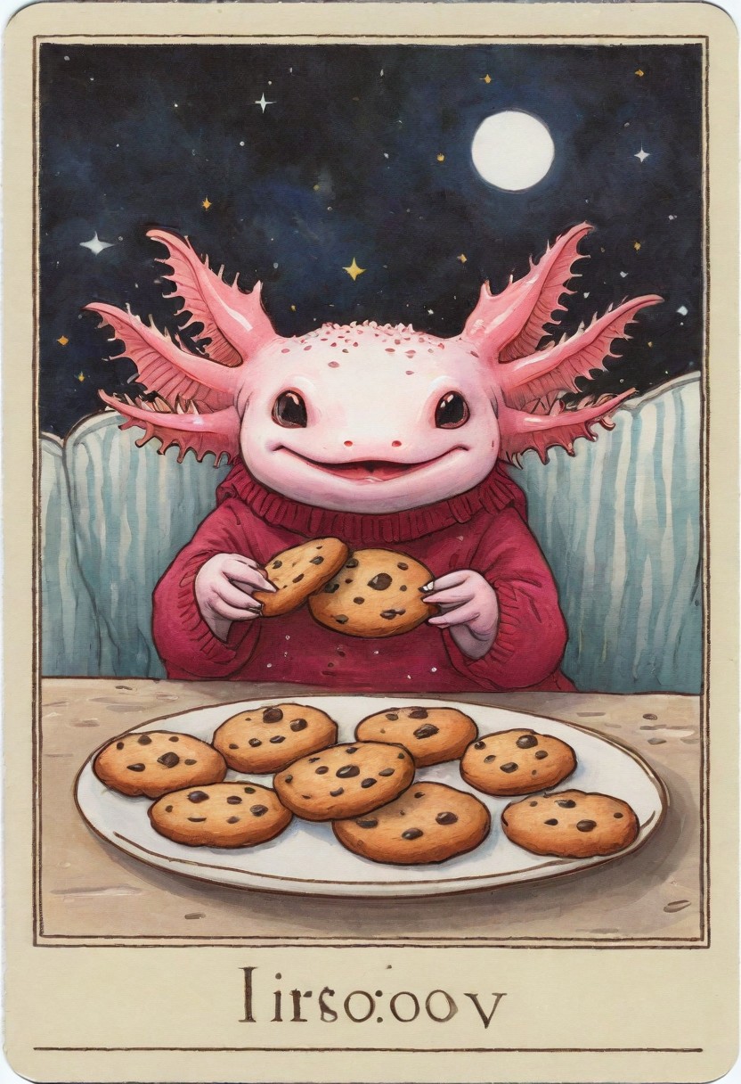 Tarot Card Style, axolotl eating a large amount of cookies,  axomodel2,  tarot card border,  <lora:Axomodelv2.1:0.8> <lora:DUSK_XL_TAROTCARD_dadapt_cos_5e4:1>   EyeDetail-SDXL