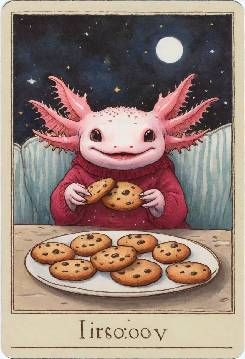 Tarot Card Style, axolotl eating a large amount of cookies, axomodel2, tarot card border, <lora:Axomodelv2.1:0.8> <lora:DUSK_XL_TAROTCARD_dadapt_cos_5e4:1> EyeDetail-SDXL