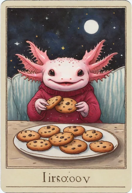 Tarot Card Style, axolotl eating a large amount of cookies, axomodel2, tarot card border, <lora:Axomodelv2.1:0.8> <lora:DUSK_XL_TAROTCARD_dadapt_cos_5e4:1> EyeDetail-SDXL