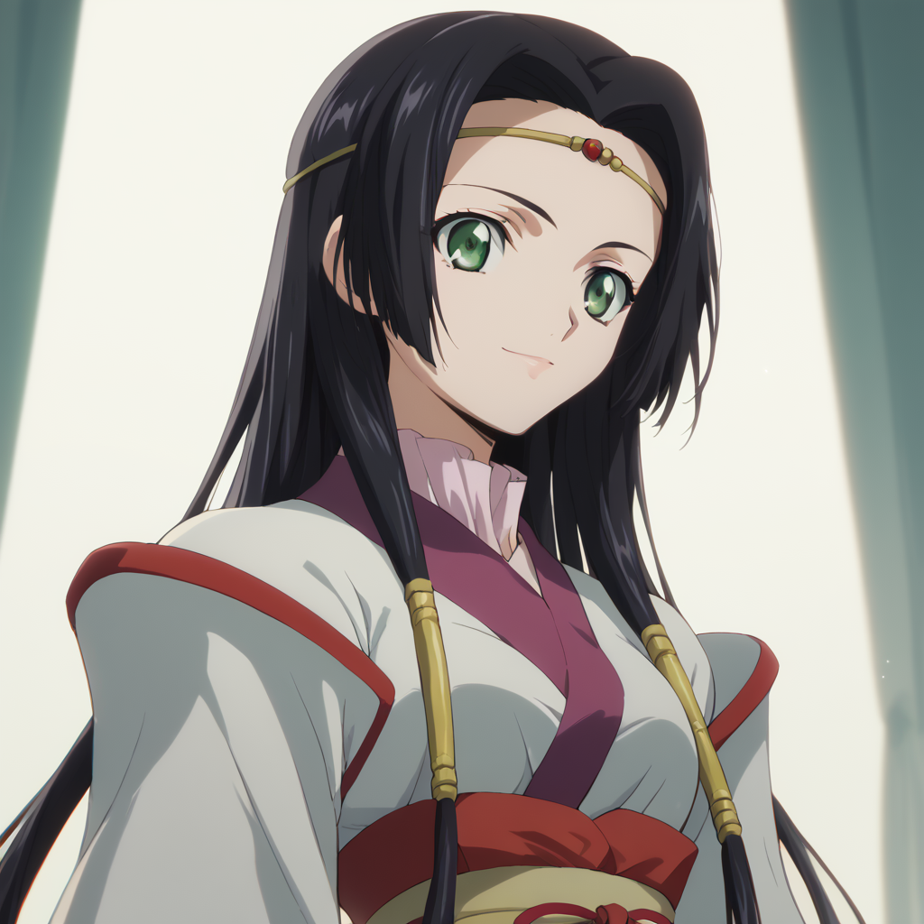 <lora:SlimesKaguyaSumeragi:1>,score_9, score_8_up, score_7_up, slimes_kaguyasumeragi, woman, waist up shot, portrait, waist up shot, green eyes, black hair, headband, smiling