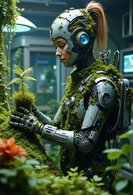 A female engineer wearing a jumpsuit made from plant fibers and metal threads, working in a high-tech lab filled with living plants. Her mechanical hand is covered in tiny, glowing moss, and sheâs nurturing a small, cybernetic plant that pulses with light. Her workspace is a blend of organic and digital materials, representing the balance of creation and innovation. bo-naturepunk, naturecyberpunk, greenpunk<lora:FLUX Naturepunk\bo-naturepunk-000012.safetensors:1.0:1.0>