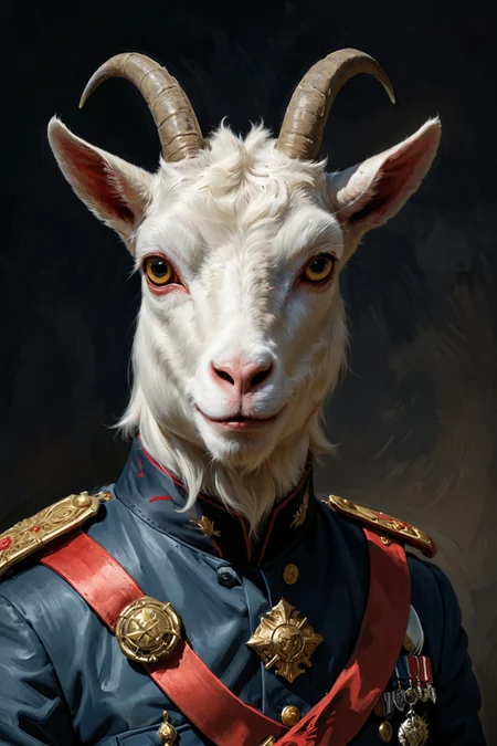 by Steve Ditko, Malcolm Liepke, Yankeecore, close up of a Goat Lieutenant Colonel, Bathed in shadows, Detailed illustration, dynamic, Hasselblad, Selective focus, ornate, action <lora:XL-Loras\xl_more_art-full_v1:0.5><lora:XL-Loras\add-detail-xl:1.0><lora:XL-Loras\NicolaSamori:0.5><lora:XL-Loras\looking_at_viewer:2><lora:XL-Loras\RMSDXL_Creative:3>
