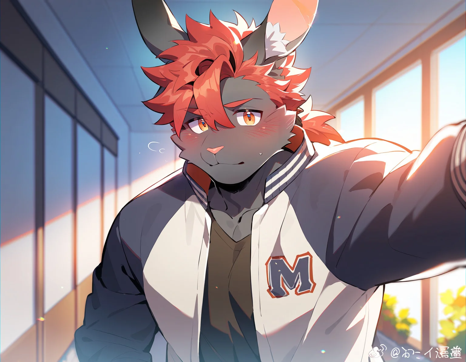 score_9, score_8_up, score_7_up, best quality, amazing quality, best aesthetic, amazing aesthetic, 2023, duo, solo focus, 1boy, furry male, rabbit boy, muscular, black body, blush, shy, looking to the side, medium hair, bangs, red hair, orange eyes, varsity jacket, pov, kabedon, arm up, <lora:KabesubpovPonyXL:1>, wall \(structure\), school hallway