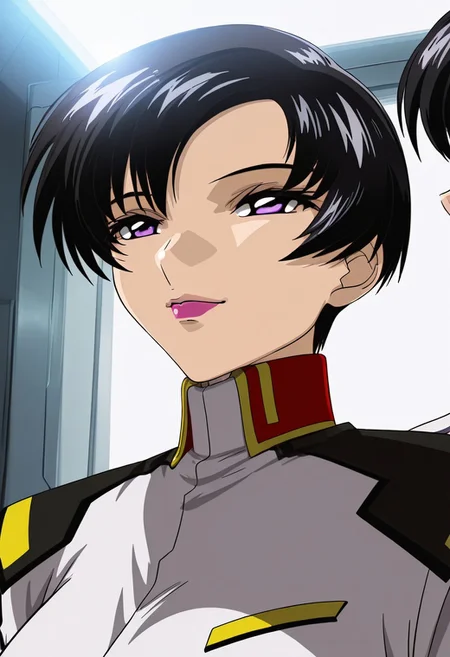 1girl, Natarle Badgiruel \(Gundam SEED\),, adult woman, masterpiece, military uniform, black hair, short hair, luscious lips, lipstick, smile, large breasts, portrait, colored eyelashes, backlighting, purple eyes, goddess, glossy skin, ,hires,best quality, very aesthetic,absurdres,score_9, score_8_up, score_7_up, score_6_up, score_5_up, score_4_up, (hyper extreme detailed), (hyper quality), game CG, (colour:1.2),(from side:0.7)