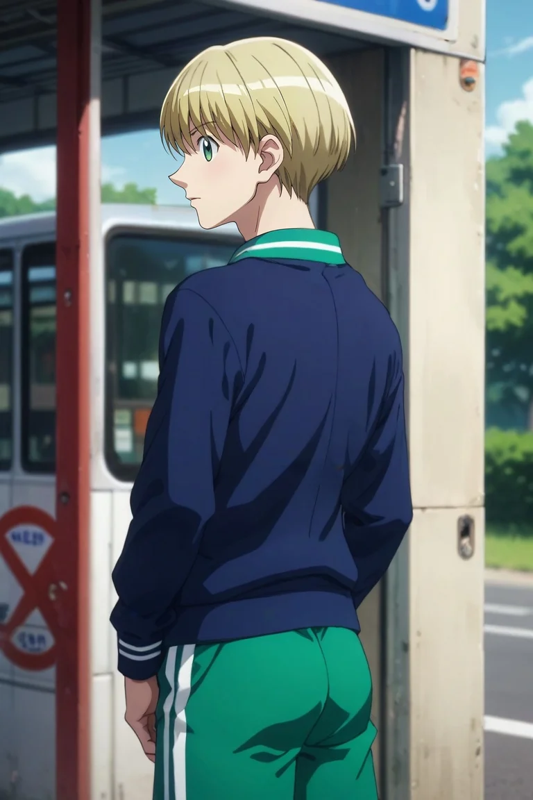 score_9, score_8_up, score_7_up, source_anime, rating_safe, intricate details, (realistic:0.6), , depth of field, 1boy, solo, male focus, <lora:shalnark_ryuseih_pony:0.76>, shalnark_ryuseih, blonde hair, green eyes, short hair, , straight-on, bus stop, light, ass, :D, swim trunks,, <lora:sdxl_lightning_8step_lora:1>