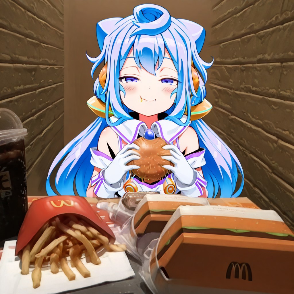 masterpiece, best quality, curvy, beautiful eyes, 1girl, solo, smile, looking at viewer,      McD4t3, eating, holding food, food on face, burger, french fries, ketchup,   ,<lora:McDate_with_2D_Waifu_IXL:1.0>,  BREAK, hackadoll3, white gloves, blush, detached collar, bare shoulders, off shoulder, half-closed eyes, white dress, black shirt, white collar