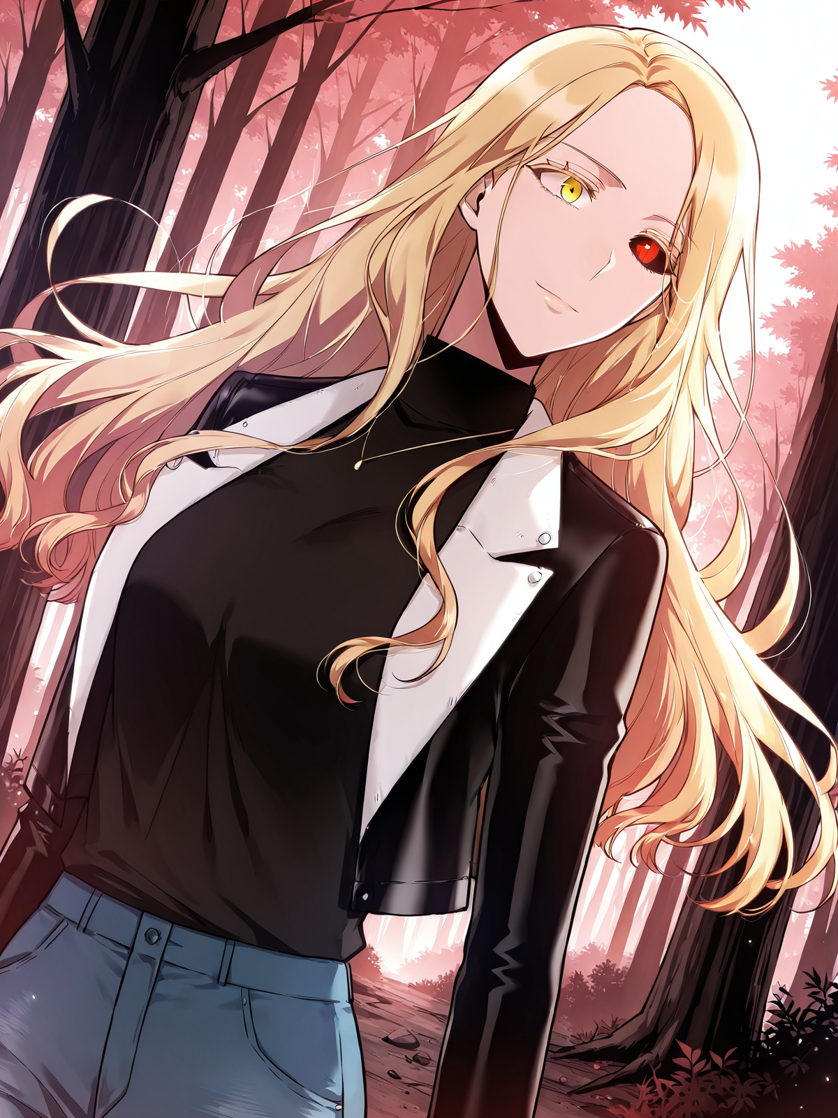 <lora:Omniscient_Readers_Viewpoint__Anna_Croft (1):1>
1girl, solo, long hair, wavy hair, blonde hair, side part, heterochromia, yellow right eye, red left eye, black sclera (left eye),
black turtleneck, black jacket, fitted jacket, long sleeve, modern outfit, blue jeans, belt, sneakers, necklace, pendant,
score_9, score_8_up, score_7_up, very aesthetic, source_anime, detailed, high quality, beautiful, masterpiece, detailed eyes, forest, tree, ruins, cowboy shot, dynamic angle, upper body, light smile, dynamic pose