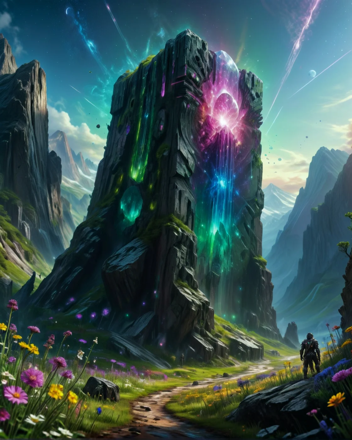 dark fantasy Alpine meadows strewn with wildflowers giant crystal monolith,Space sunrise: Orbital terminator revealing Earth's curvature in neon bands,
random army in landcscape,
<lora:ral-dark-fantasy-il:0.8>,eldritch horror,
<lora:extremely_detailed:4> extremely detailed,
<lora:add-detail-xl:1.1>,
detailxl