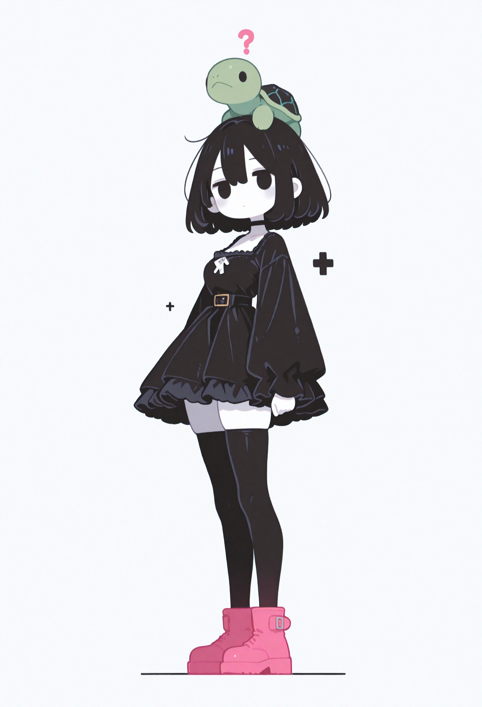 incredibly absurdres, highres, masterpiece, newest,best quality, very aesthetic, absurdres, newest, focused subject, oc-chan_(ketopon), 1girl, solo, black hair, bob cut, hair between eyes, black eyes, solid eyes, expressionless, standing, from side, looking at viewer,?,pale skin, goth fashion, frilled dress, square neckline, black thighhighs, zettai ryouiki, pink ankle boots, green turtle, full body, monochrome, solid white background, no lineart, no outline,minimalism, blending, 15546+456868, r17329_illu,flatline,sometyome_illu,