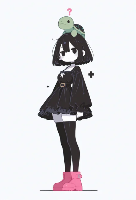 incredibly absurdres, highres, masterpiece, newest,best quality, very aesthetic, absurdres, newest, focused subject, oc-chan_(ketopon), 1girl, solo, black hair, bob cut, hair between eyes, black eyes, solid eyes, expressionless, standing, from side, looking at viewer,?,pale skin, goth fashion, frilled dress, square neckline, black thighhighs, zettai ryouiki, pink ankle boots, green turtle, full body, monochrome, solid white background, no lineart, no outline,minimalism, blending, 15546+456868, r17329_illu,flatline,sometyome_illu,