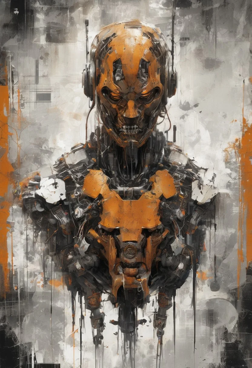 Grunge style african cyborg robot, rust and scratches, heavy patina, half of its face is obscured by damaged circuitry and exposed wiring hinting, despite its apparent malfunction the robot stands tall and proud testament to survival against all odds, atmospheric perspective, harsh light, style of Guweiz and Stephan Martiniere,, rating_safe, <lora:YossiKotlerXLStyle:0.4> yktlr, painting, orange, black, white, large,
<lora:sdxl_lightning_8step_lora:1.0> . Textured, distressed, vintage, edgy, punk rock vibe, dirty, noisy