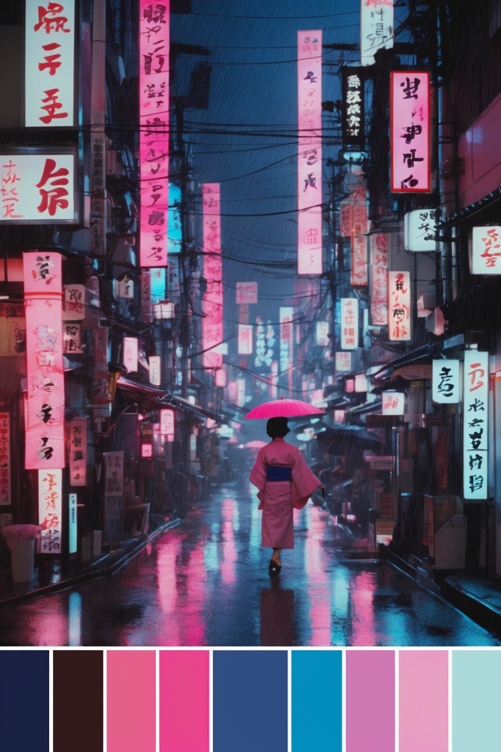 <lora:Cinema Color Palette:1>Color Palette - A bustling Tokyo street at night. Neon signs paint the rain-slicked streets in hues of pink and blue, with a geisha crossing hurriedly, shielding herself with a parasol.