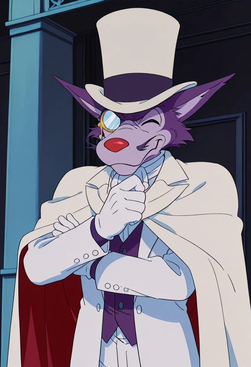 score_9, score_8_up, score_7_up, score_6_up
,
1boy, solo, Professor Moriarty, wolf, white pants, furry, white jacket, white cape, monocle on eye, white bowler hat, whiskers, red nose, ears spread out, Anime, male, purple body