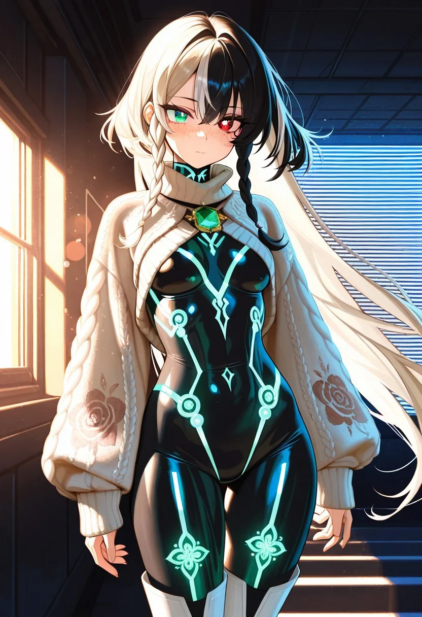 (masterpiece, best quality, ultra-detailed:1.3), RAW photo, 8K UHD,
1girl, {{`vibrant emerald eyes, sparkling reflections, mystical heterochromia (gold/azure), long eyelashes, deep sapphire eyes, starry highlights`}}, {{`silky platinum blonde hair, wind-blown strands, flowing crimson curls, sunlight gloss, raven black hair with silver streaks, intricate braids`}}, {{`porcelain skin with freckles, soft natural glow, sun-kissed olive skin, dewy texture, ethereal luminescent skin, subtle glitter`}}, {{`slim hourglass figure, elegant posture, athletic toned body, confident stance, petite frame, delicate proportions`}}, {{`elegant silk gown with floral embroidery, futuristic cyberpunk bodysuit (neon accents), cozy oversized sweater, thigh-high boots`}},
intricate details, cinematic lighting, soft bokeh, depth of field