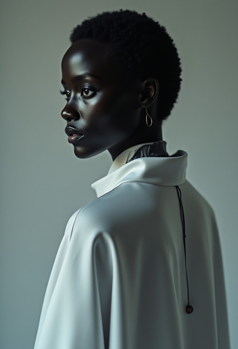 a young woman ,  black shiny glass skin,  a white cape only on the back