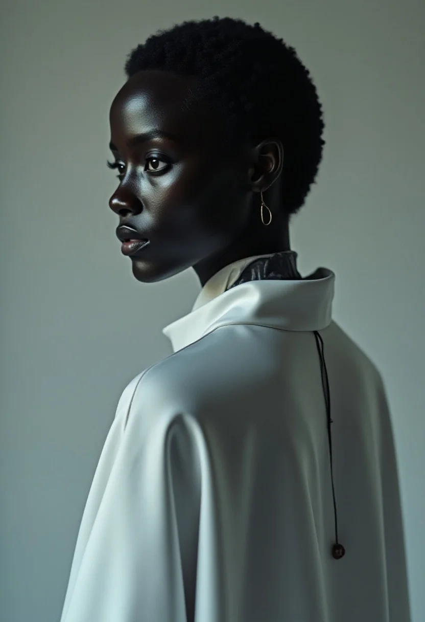 a young woman , black shiny glass skin, a white cape only on the back