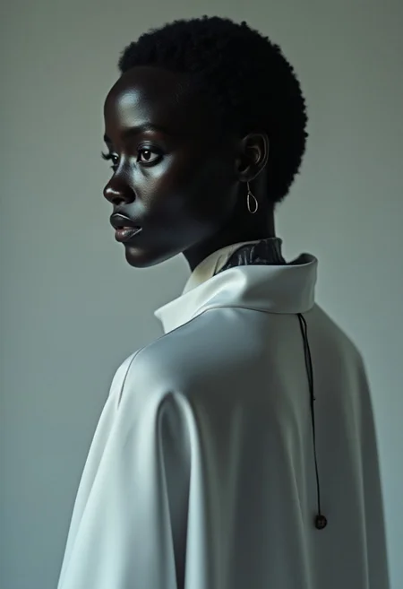 a young woman , black shiny glass skin, a white cape only on the back