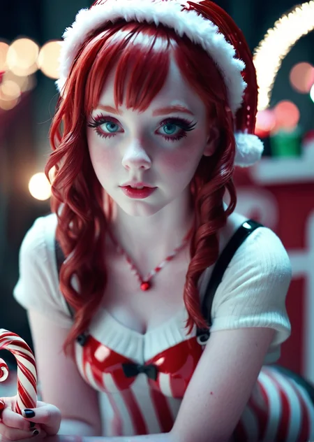 <lora:CandyCaneStyle-000005:0.8> Jed-Cndcne, cute scene girl, pale skin, red hair, eyeliner, rim lighting, depth of view, lense flare
