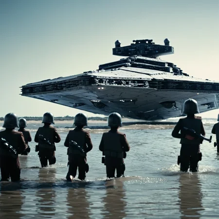 cinematic film still of <lora:star wars style v2:0.2>
<lora:detailed:0.2>
<lora:perfection style:0.2>
<lora:Ron Fricke style:0.1>
<lora:Imperial Star Destroyer:0.9>
Imperial Star Destroyer a group of people in star wars outfits walking in the water with large star destroyer above in sky,weapon,multiple boys,gun,military,helmet,science fiction,6+boys,realistic,military vehicle,watercraft,ship,spacecraft,warship , star wars style, shallow depth of field, vignette, highly detailed, high budget, bokeh, cinemascope, moody, epic, gorgeous, film grain, grainy