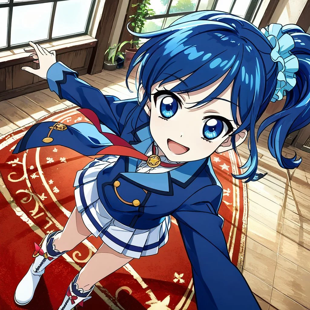 score_9, score_8_up,score_7_up,game cg,official art, uncensored, convenient censoring, covering privates,
rating_safe,
modeling, expressive hair, expressive clothes, dutch angle,wind
laughing, close-up, looking at viewer, from above, red carpet, indoors, fisheye, perspective,
kiriya aoi, blue hair, blue eyes, side ponytail, long hair,hair scrunchie, blue scrunchie, , <lora:aoinesan:0.8>,starlight academy school uniform,,blue jacket,white skirt, white footwear, knee boots,