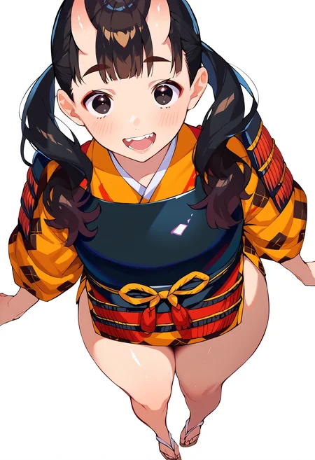 score_9,score_8_up,score_7_up,score_6_up, source_anime,
inutade, inutade original outfit, 1girl, solo, long hair, black hair, dungeon meshi, twintails, thighs, oni horns, japanese clothes, black eyes, armor, thick thighs, oni, japanese armor,
looking at viewer, blush, smile, open mouth,
standing, from above, full body,
white background, simple background,
masterpiece, best quality, very aesthetic, absurdres
<lora:dungeon_meshi_collection_v23:1>