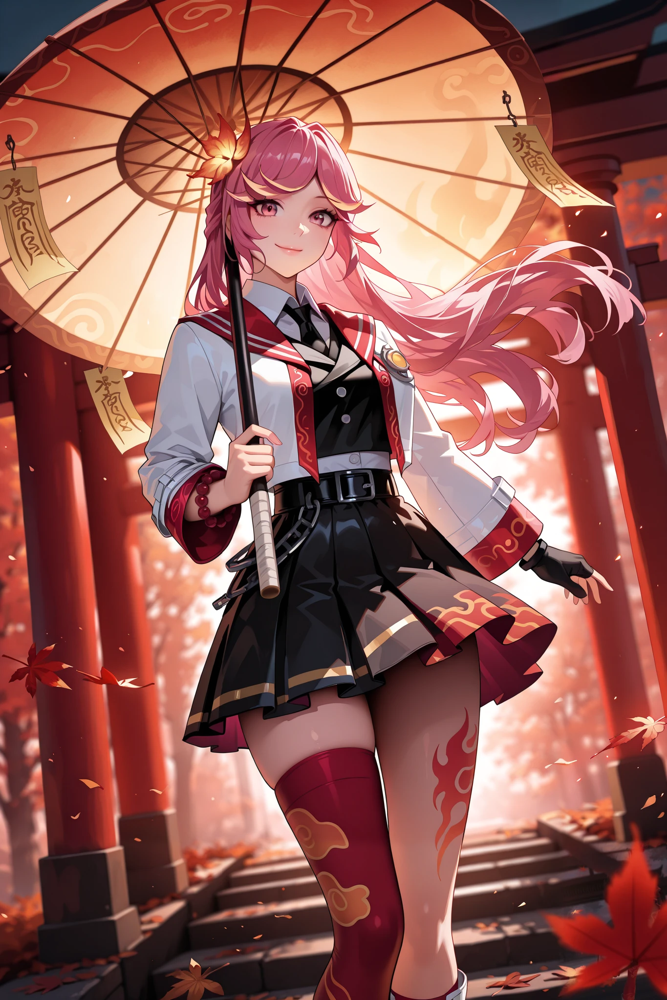 Masterpiece, best quality, ultra-detailed, absurdres, newest, semirealistic, cinematic lighting, dramatic shot, dynamic pose,  
1girl, solo, kaguraexorcist, long pink hair, streaked hair, bangs, sidelocks, pink eyes, smile, looking at viewer, make up, hair ornament, black necktie, open white jacket, collared shirt, bracelet, belt, black pleated skirt, asymmetrical fingerless gloves, asymmetrical red legwear, leg tattoo, white boots, holding oil painting umbrella, cowboy shot, thigh focus, dutch angle, one leg lifted, wind blowing hair, standing under red torii gate, glowing floating talismans, maple leaves flying, mysterious shrine in background, cinematic depth of field, warm red and orange lighting, painterly aesthetic, ultra sharp details  
